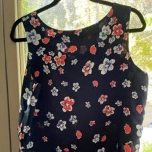 Womens Top Medium Navy Coral Floral Sleeveless Tank Keyhole Back Blouse